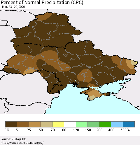 Ukraine, Moldova and Belarus Percent of Normal Precipitation (CPC) Thematic Map For 3/23/2020 - 3/29/2020
