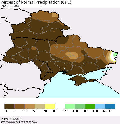 Ukraine, Moldova and Belarus Percent of Normal Precipitation (CPC) Thematic Map For 4/6/2020 - 4/12/2020