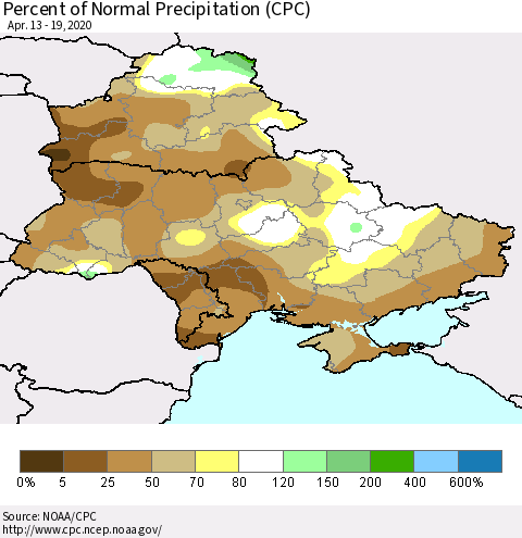 Ukraine, Moldova and Belarus Percent of Normal Precipitation (CPC) Thematic Map For 4/13/2020 - 4/19/2020