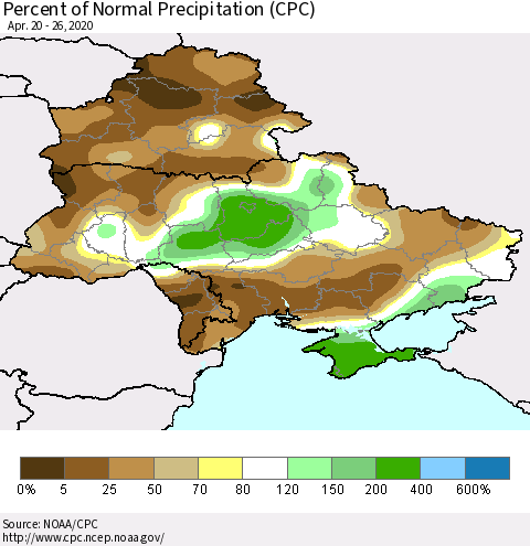 Ukraine, Moldova and Belarus Percent of Normal Precipitation (CPC) Thematic Map For 4/20/2020 - 4/26/2020