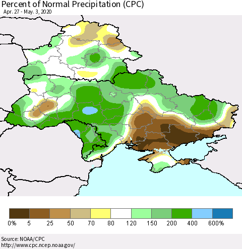 Ukraine, Moldova and Belarus Percent of Normal Precipitation (CPC) Thematic Map For 4/27/2020 - 5/3/2020