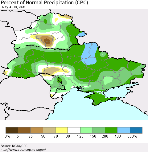 Ukraine, Moldova and Belarus Percent of Normal Precipitation (CPC) Thematic Map For 5/4/2020 - 5/10/2020