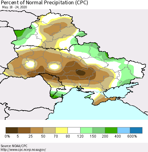 Ukraine, Moldova and Belarus Percent of Normal Precipitation (CPC) Thematic Map For 5/18/2020 - 5/24/2020