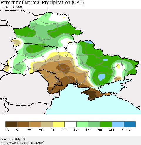 Ukraine, Moldova and Belarus Percent of Normal Precipitation (CPC) Thematic Map For 6/1/2020 - 6/7/2020