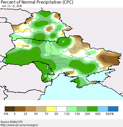 Ukraine, Moldova and Belarus Percent of Normal Precipitation (CPC) Thematic Map For 6/15/2020 - 6/21/2020