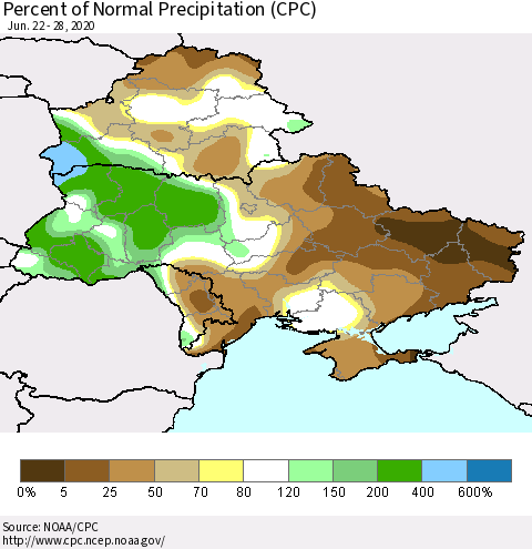 Ukraine, Moldova and Belarus Percent of Normal Precipitation (CPC) Thematic Map For 6/22/2020 - 6/28/2020