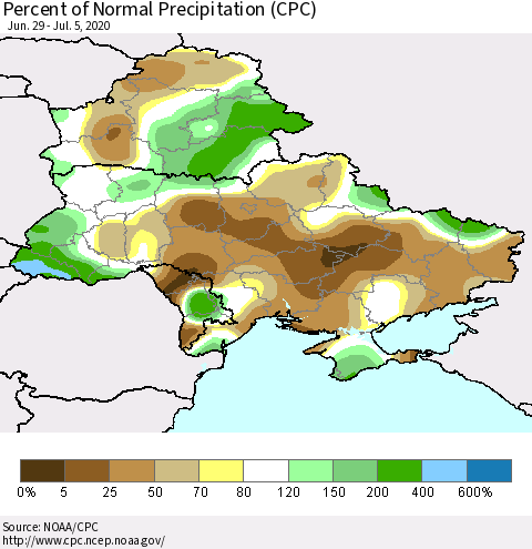 Ukraine, Moldova and Belarus Percent of Normal Precipitation (CPC) Thematic Map For 6/29/2020 - 7/5/2020