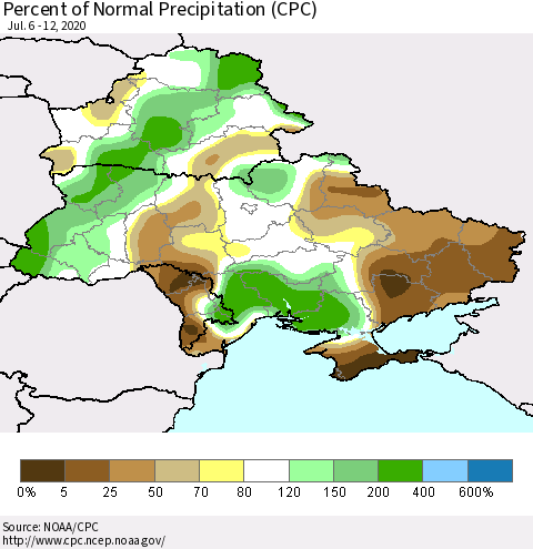 Ukraine, Moldova and Belarus Percent of Normal Precipitation (CPC) Thematic Map For 7/6/2020 - 7/12/2020