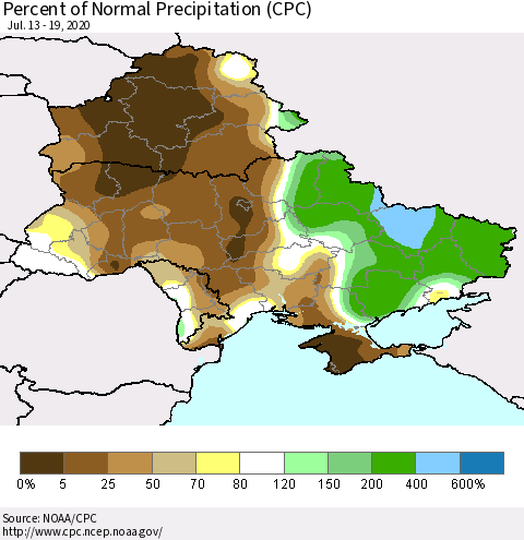 Ukraine, Moldova and Belarus Percent of Normal Precipitation (CPC) Thematic Map For 7/13/2020 - 7/19/2020
