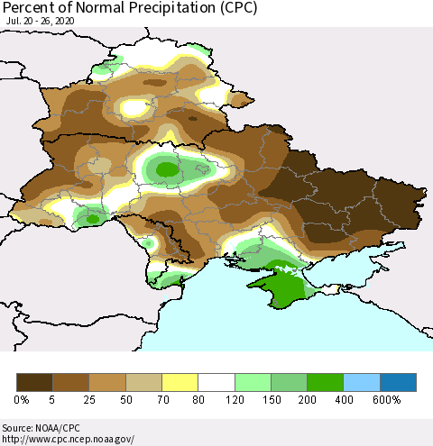 Ukraine, Moldova and Belarus Percent of Normal Precipitation (CPC) Thematic Map For 7/20/2020 - 7/26/2020