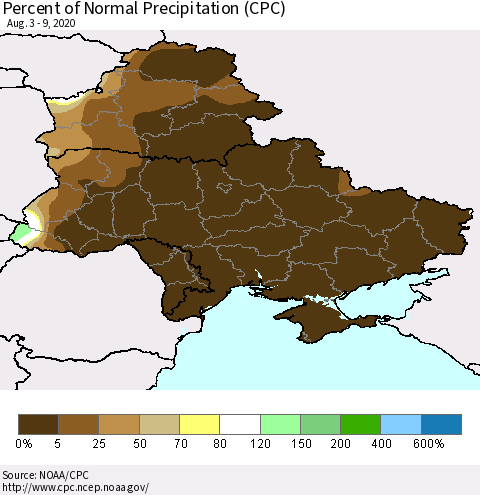 Ukraine, Moldova and Belarus Percent of Normal Precipitation (CPC) Thematic Map For 8/3/2020 - 8/9/2020