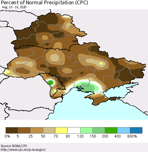 Ukraine, Moldova and Belarus Percent of Normal Precipitation (CPC) Thematic Map For 8/10/2020 - 8/16/2020