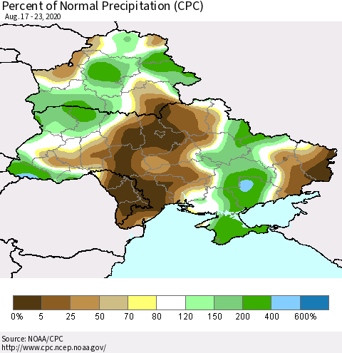 Ukraine, Moldova and Belarus Percent of Normal Precipitation (CPC) Thematic Map For 8/17/2020 - 8/23/2020