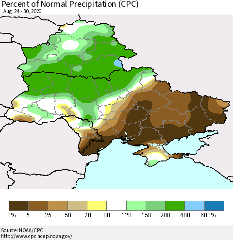 Ukraine, Moldova and Belarus Percent of Normal Precipitation (CPC) Thematic Map For 8/24/2020 - 8/30/2020