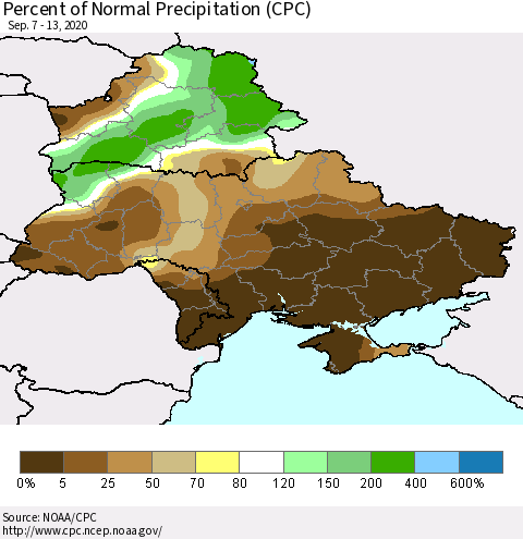 Ukraine, Moldova and Belarus Percent of Normal Precipitation (CPC) Thematic Map For 9/7/2020 - 9/13/2020