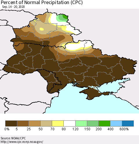 Ukraine, Moldova and Belarus Percent of Normal Precipitation (CPC) Thematic Map For 9/14/2020 - 9/20/2020