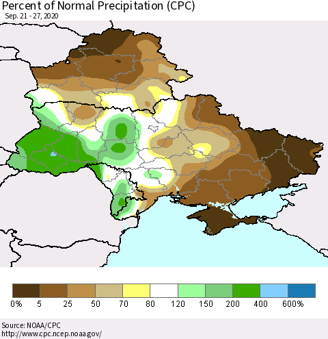Ukraine, Moldova and Belarus Percent of Normal Precipitation (CPC) Thematic Map For 9/21/2020 - 9/27/2020