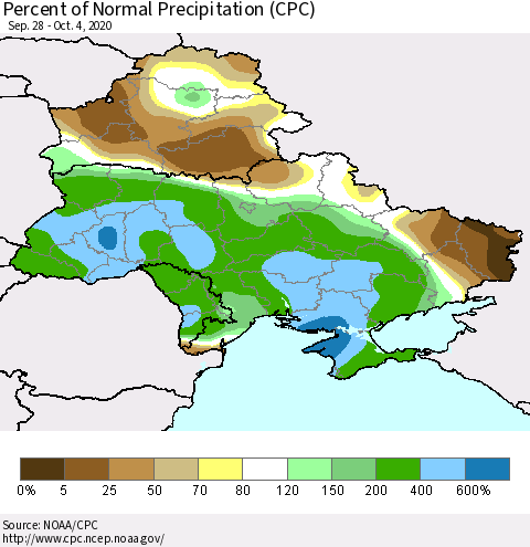 Ukraine, Moldova and Belarus Percent of Normal Precipitation (CPC) Thematic Map For 9/28/2020 - 10/4/2020