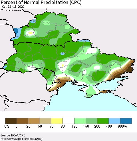Ukraine, Moldova and Belarus Percent of Normal Precipitation (CPC) Thematic Map For 10/12/2020 - 10/18/2020