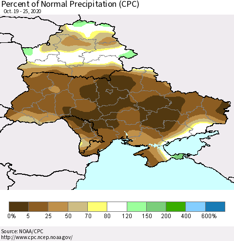 Ukraine, Moldova and Belarus Percent of Normal Precipitation (CPC) Thematic Map For 10/19/2020 - 10/25/2020