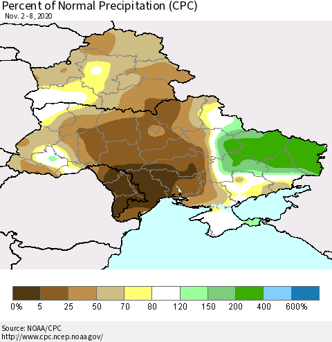 Ukraine, Moldova and Belarus Percent of Normal Precipitation (CPC) Thematic Map For 11/2/2020 - 11/8/2020