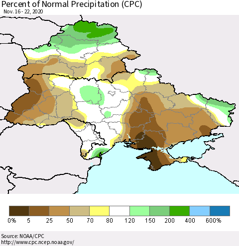 Ukraine, Moldova and Belarus Percent of Normal Precipitation (CPC) Thematic Map For 11/16/2020 - 11/22/2020