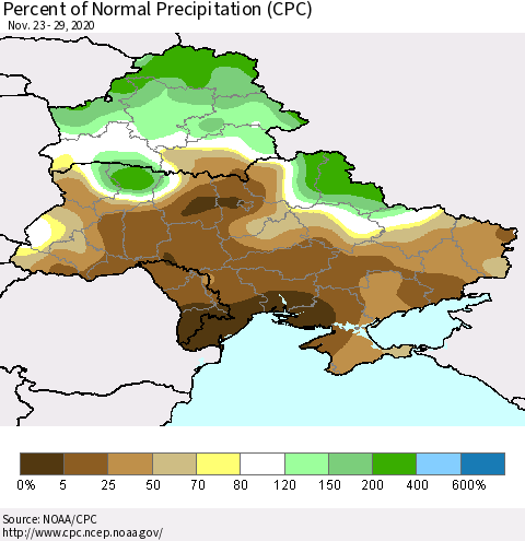 Ukraine, Moldova and Belarus Percent of Normal Precipitation (CPC) Thematic Map For 11/23/2020 - 11/29/2020