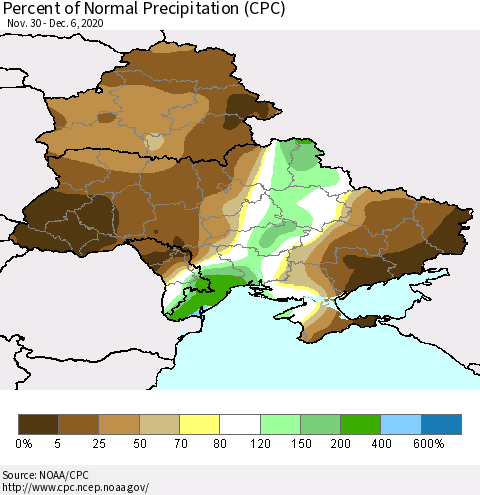 Ukraine, Moldova and Belarus Percent of Normal Precipitation (CPC) Thematic Map For 11/30/2020 - 12/6/2020