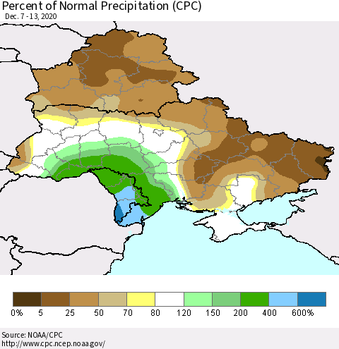 Ukraine, Moldova and Belarus Percent of Normal Precipitation (CPC) Thematic Map For 12/7/2020 - 12/13/2020