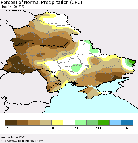 Ukraine, Moldova and Belarus Percent of Normal Precipitation (CPC) Thematic Map For 12/14/2020 - 12/20/2020