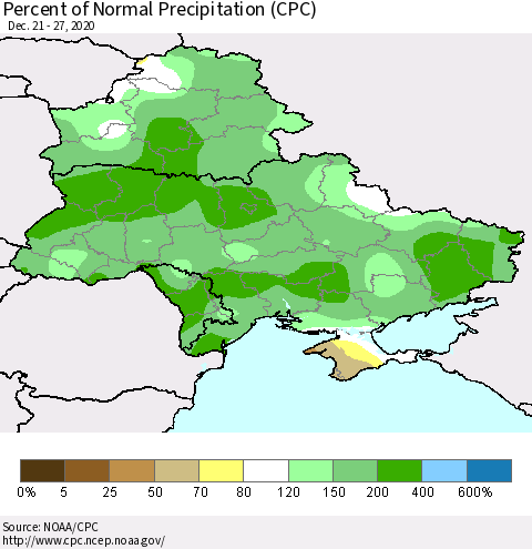 Ukraine, Moldova and Belarus Percent of Normal Precipitation (CPC) Thematic Map For 12/21/2020 - 12/27/2020