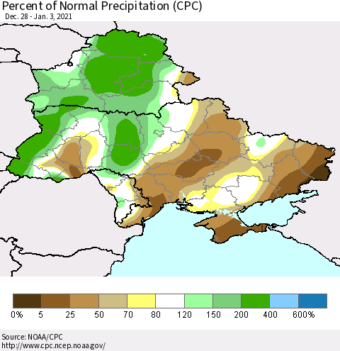 Ukraine, Moldova and Belarus Percent of Normal Precipitation (CPC) Thematic Map For 12/28/2020 - 1/3/2021