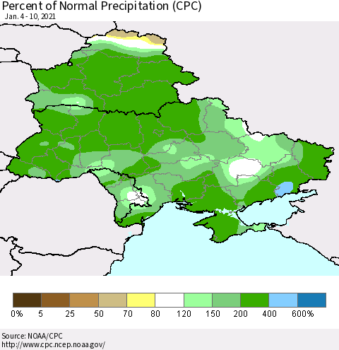 Ukraine, Moldova and Belarus Percent of Normal Precipitation (CPC) Thematic Map For 1/4/2021 - 1/10/2021