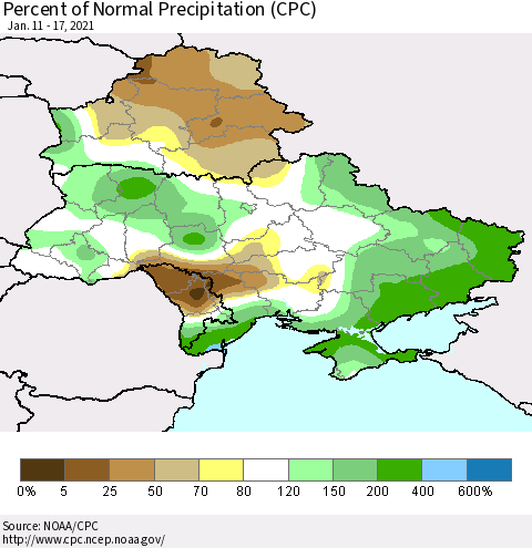 Ukraine, Moldova and Belarus Percent of Normal Precipitation (CPC) Thematic Map For 1/11/2021 - 1/17/2021