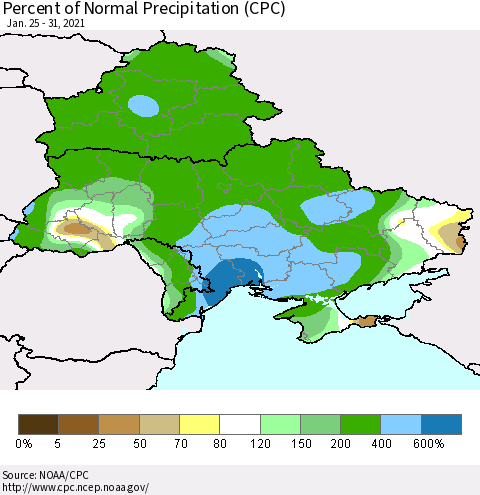 Ukraine, Moldova and Belarus Percent of Normal Precipitation (CPC) Thematic Map For 1/25/2021 - 1/31/2021