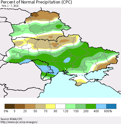 Ukraine, Moldova and Belarus Percent of Normal Precipitation (CPC) Thematic Map For 2/1/2021 - 2/7/2021