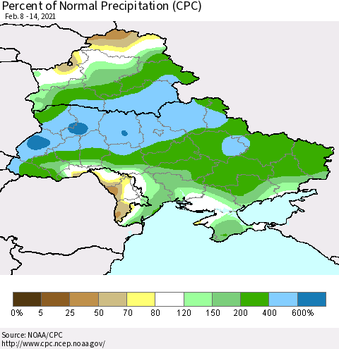 Ukraine, Moldova and Belarus Percent of Normal Precipitation (CPC) Thematic Map For 2/8/2021 - 2/14/2021