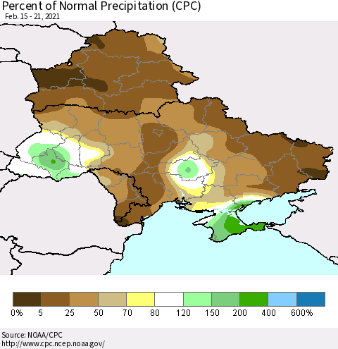 Ukraine, Moldova and Belarus Percent of Normal Precipitation (CPC) Thematic Map For 2/15/2021 - 2/21/2021