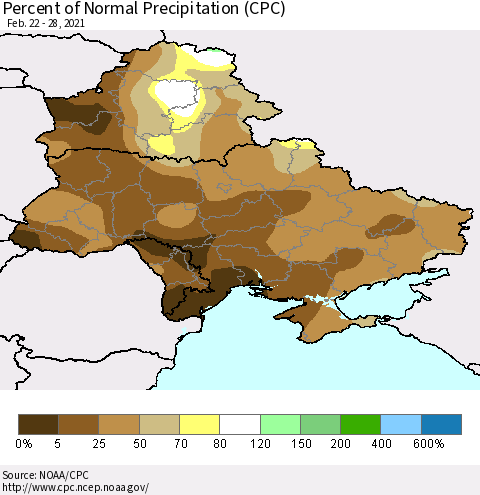 Ukraine, Moldova and Belarus Percent of Normal Precipitation (CPC) Thematic Map For 2/22/2021 - 2/28/2021