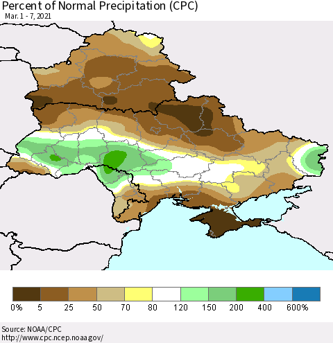 Ukraine, Moldova and Belarus Percent of Normal Precipitation (CPC) Thematic Map For 3/1/2021 - 3/7/2021