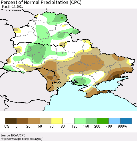 Ukraine, Moldova and Belarus Percent of Normal Precipitation (CPC) Thematic Map For 3/8/2021 - 3/14/2021