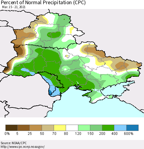Ukraine, Moldova and Belarus Percent of Normal Precipitation (CPC) Thematic Map For 3/15/2021 - 3/21/2021