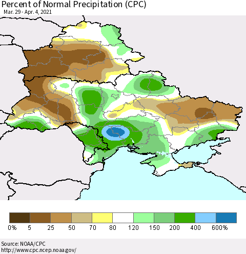 Ukraine, Moldova and Belarus Percent of Normal Precipitation (CPC) Thematic Map For 3/29/2021 - 4/4/2021