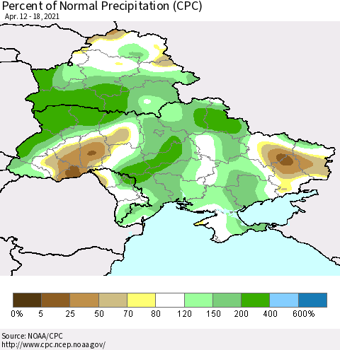 Ukraine, Moldova and Belarus Percent of Normal Precipitation (CPC) Thematic Map For 4/12/2021 - 4/18/2021