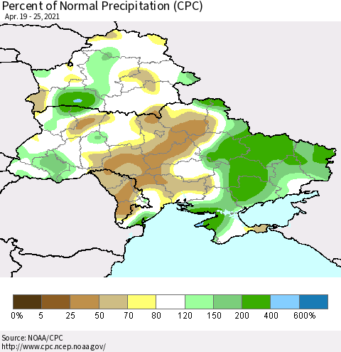 Ukraine, Moldova and Belarus Percent of Normal Precipitation (CPC) Thematic Map For 4/19/2021 - 4/25/2021