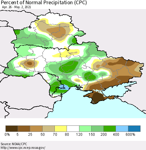 Ukraine, Moldova and Belarus Percent of Normal Precipitation (CPC) Thematic Map For 4/26/2021 - 5/2/2021