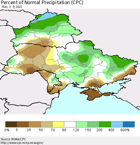Ukraine, Moldova and Belarus Percent of Normal Precipitation (CPC) Thematic Map For 5/3/2021 - 5/9/2021
