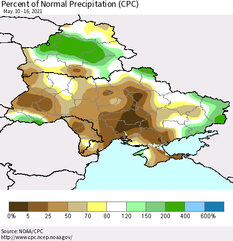 Ukraine, Moldova and Belarus Percent of Normal Precipitation (CPC) Thematic Map For 5/10/2021 - 5/16/2021