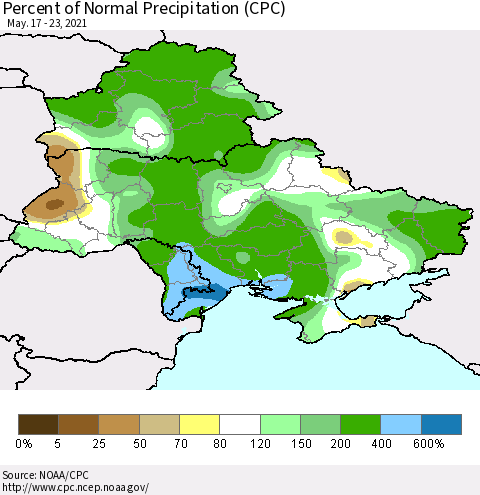 Ukraine, Moldova and Belarus Percent of Normal Precipitation (CPC) Thematic Map For 5/17/2021 - 5/23/2021
