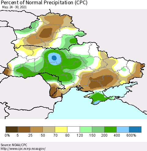 Ukraine, Moldova and Belarus Percent of Normal Precipitation (CPC) Thematic Map For 5/24/2021 - 5/30/2021